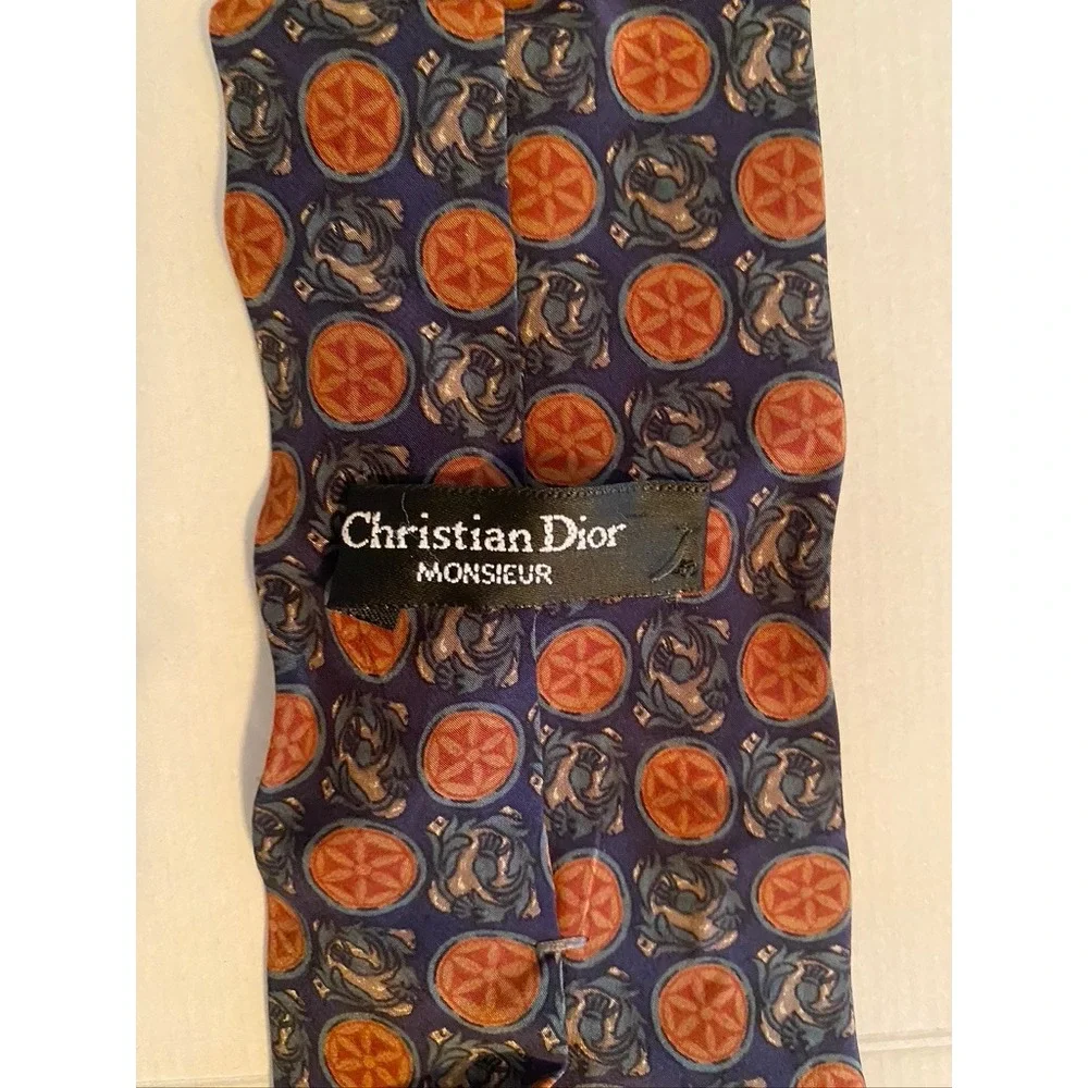 Christian Dior Monsieur Silk Tie Medallion Dragon Navy Blue Orange Geometric